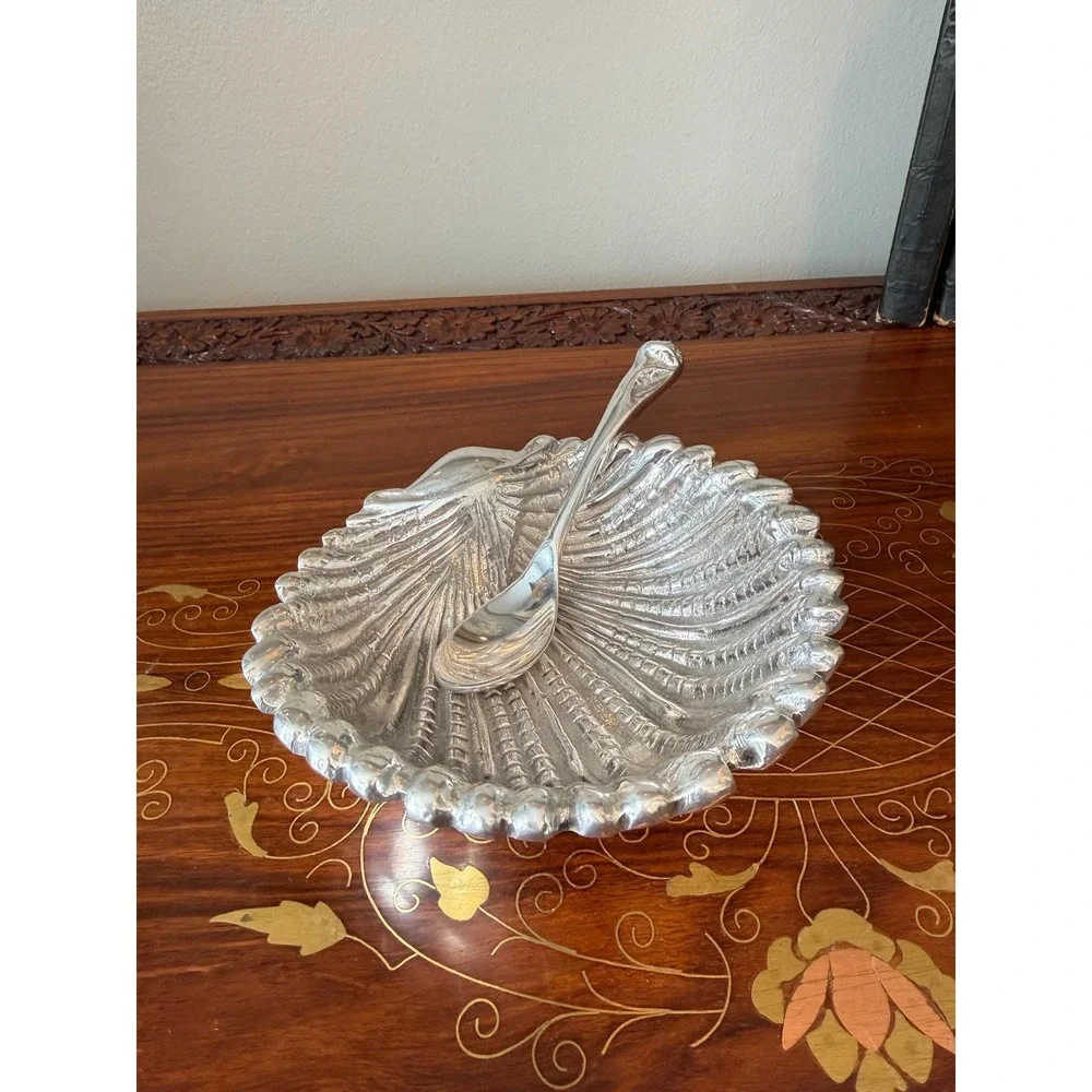 Vintage Shell Dish with‎ Spoon, Hand Cast Metal Scallop Bowl